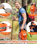 Hiker carrying Powerful 20,000 BTU Dual Burner Propane Camping Stove with portable foldable design and woven carry bag.