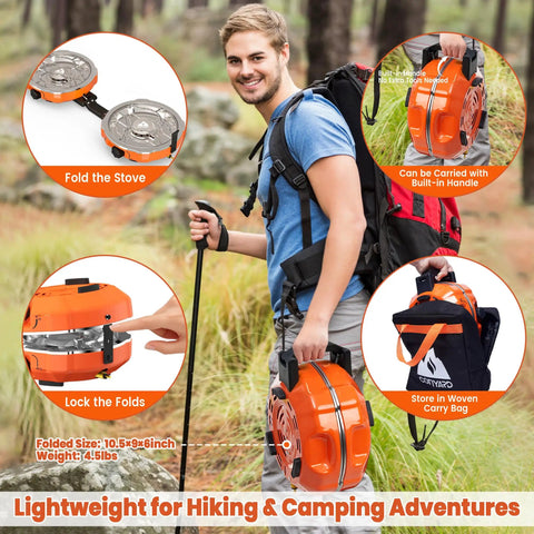 Hiker carrying Powerful 20,000 BTU Dual Burner Propane Camping Stove with portable foldable design and woven carry bag.