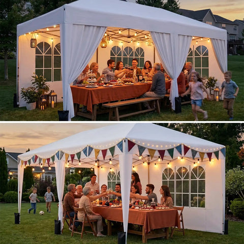 10x20 Pop Up Canopy Tent With 6 Sidewalls Windows And Roller Bag for outdoor parties with people dining underneath.