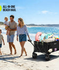 Family on beach with Extra Large Folding Wagon Cart For Outdoors And All Terrain Hauling Heavy Duty 560 Pound Capacity 48 Inch Long Collapsible Beach Wagon With Big Beefy All Terrain Wheels Utility Cart For Camping Grocery Sports And Garden Black