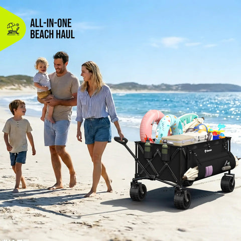 Family on beach with Extra Large Folding Wagon Cart For Outdoors And All Terrain Hauling Heavy Duty 560 Pound Capacity 48 Inch Long Collapsible Beach Wagon With Big Beefy All Terrain Wheels Utility Cart For Camping Grocery Sports And Garden Black