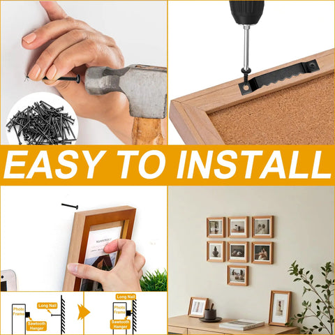Kickass 180 Pieces Sawtooth Picture Hangers Heavy Duty Wall Hanging Kit featuring installation steps and durable screws.