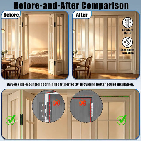 Before-and-after comparison of Heavy Duty Hidden Door Hinges With Mold Pack Of Two, showing improved sound insulation and design.