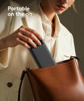 Rugged Portable Power Bank Delivering 22.5W Fast Charging Through Four Built In Cables For Plug And Play Convenience in a handbag.