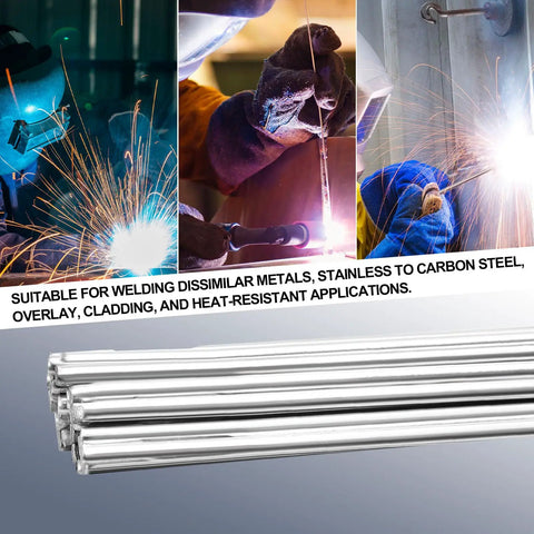 ER309L 3 By 32 Inch TIG Welding Rod 39 Inch Stainless Steel Filler Wire 2 Lb Boxed Portable Weld Wire For Industrial Equipment Welders And DIY Corrosion Resistant High Strength, shown with rods and welding scenes.