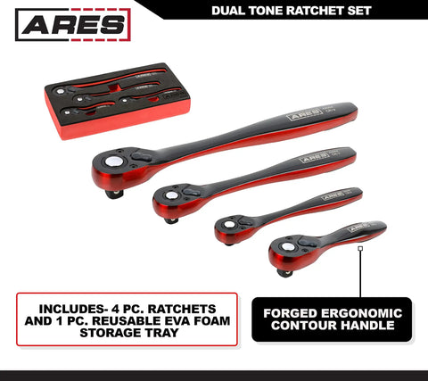 Dual Tone 72 Tooth Ratchet Set With Easy Quick Release Sockets, 4 Piece Including 1/4, 3/8, 1/2 Inch Drives And Stubby 3/8, Reversible Design, Chrome Vanadium Steel, Sleek Black And Red Finish For Pro DIY
