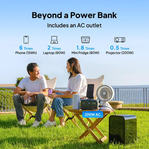 Outdoor scene with Elite 10 Mini Portable Power Station 128Wh LiFePO4 Battery on table powering fan, two people seated nearby.