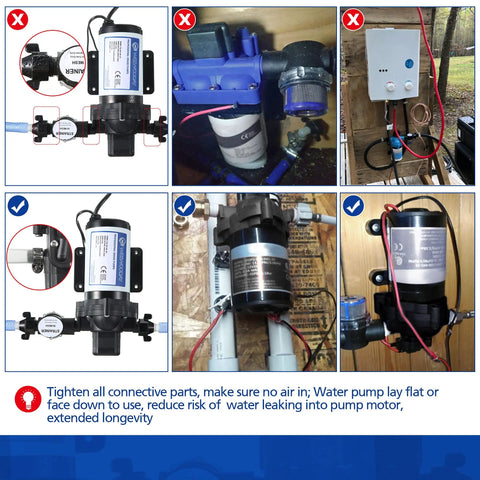 Installation of Self Priming 115V Water Pump 4 GPM 45 PSI Diaphragm Booster with fittings and strainer in various settings.