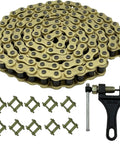 Gold 428H Motorcycle Chain With 140 Links And Chain Breaker For 125cc 150cc 200cc Mini Bikes Dirt Bikes Go Karts Compatible With SSR TaoTao Coolster Apollo Baja Kazuma Chinese ATVs. The image shows the chain, breaker tool, and connector links.