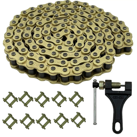 Gold 428H Motorcycle Chain With 140 Links And Chain Breaker For 125cc 150cc 200cc Mini Bikes Dirt Bikes Go Karts Compatible With SSR TaoTao Coolster Apollo Baja Kazuma Chinese ATVs. The image shows the chain, breaker tool, and connector links.