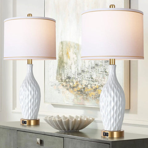 Must Have 2 Pack White Ceramic Table Lamps With 3 Way Dimmable Touch Control USB Ports And Linen Shade 27 Inch Modern Bedside Lamps