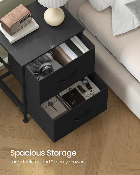 Top view of Dope Bedroom Dresser And Nightstand Storage Organizer Unit With Steel And MDF Construction, drawers open displaying storage
