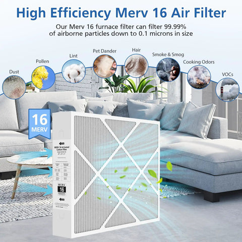 Image of 20x25x5 MERV 16 Air Filter For Your HVAC System Fits HCC20-28 Compatible With HCF20-16 HCF20-10 2 Pack next to sofa