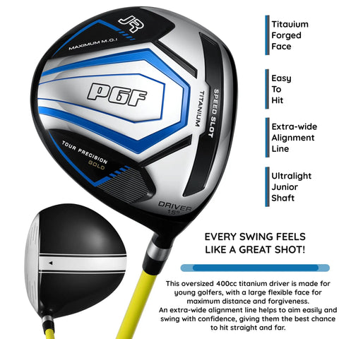 Gold TP JR Junior Golf Club titanium driver with ultralight shaft, highlighting alignment features for young golfers.