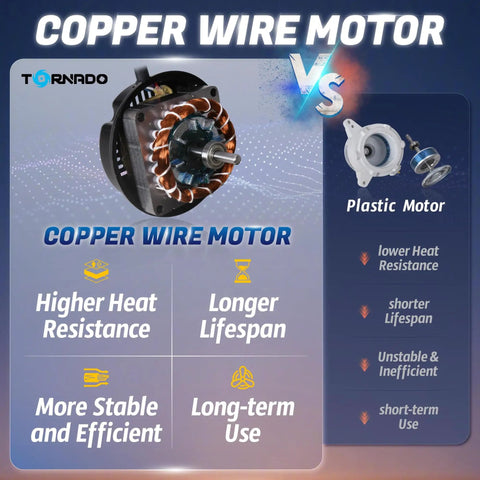 Comparison between copper wire motor and plastic motor showing benefits such as higher heat resistance and longer lifespan.