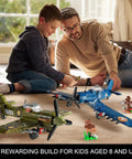 Father and son assembling Brick Compatible WW2 Fighter Plane Building Kit Set with Corsair and Spitfire models in blue and green.
