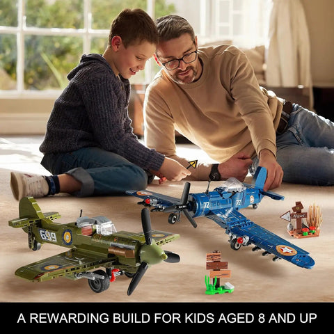 Father and son assembling Brick Compatible WW2 Fighter Plane Building Kit Set with Corsair and Spitfire models in blue and green.