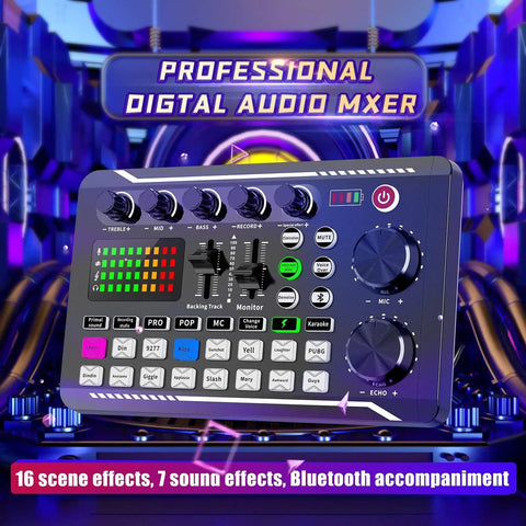 Pro Audio Mixer With F988 Live Sound Card And DSP Dual Chips, Bluetooth Ready, DJ Effects And Voice Changer displayed on console
