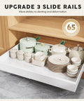 Four Pack White Pull Out Cabinet Organizers 21 Inch Deep Roll Out Shelves Heavy Duty with cookware and dishes in kitchen cabinet