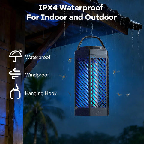 IPX4 waterproof 2 In 1 Mosquito Zapper For Indoor And Outdoor Use with hanging hook in a rainy outdoor setting