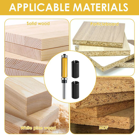 Double Bearing Flush Trim Router Bit Set with 1/4 in Shank, shown with solid wood, particleboard, white pine, MDF materials