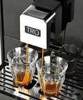 Top Notch Automatic Espresso And Coffee Machine With Built In Grinder And Smart Touchscreen brewing espresso into two glasses.