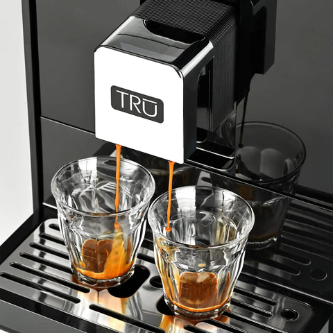 Top Notch Automatic Espresso And Coffee Machine With Built In Grinder And Smart Touchscreen brewing espresso into two glasses.
