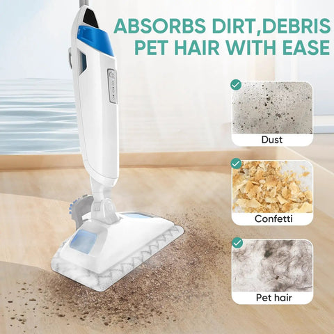 6 Pack Steam Mop Replacement Pads For PowerFresh, white mop head on wooden floor with text highlighting dust, confetti, pet hair cleaning