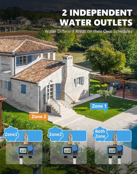 Two Zone Sprinkler Timer With Brass Swivel No Fuss Dual Outlet Rain Delay Manual Mode Easy Setup Auto Watering System diagram