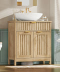 Kick Up Your Bathroom Style With This Slick Fluted Pedestal Sink Cabinet Featuring Two Doors And A Bottom Drawer In Natural Oak U Shape Cutout For Dope Space Saving Vibes, showcasing natural oak and sleek design.