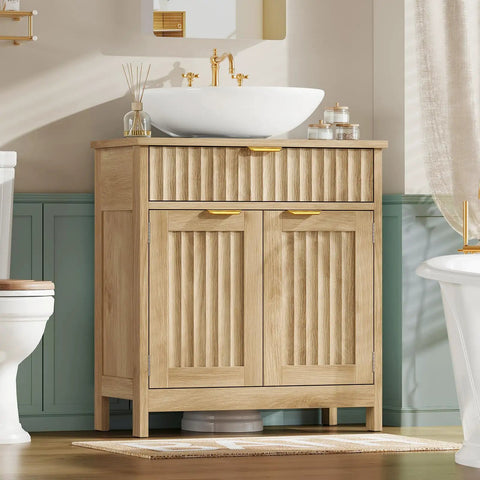 Kick Up Your Bathroom Style With This Slick Fluted Pedestal Sink Cabinet Featuring Two Doors And A Bottom Drawer In Natural Oak U Shape Cutout For Dope Space Saving Vibes, showcasing natural oak and sleek design.