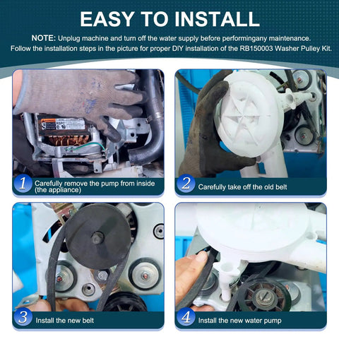 Installation steps for Upgraded RB150003 Washer Drain Pump And Belt Kit 8x6x3.4 Inch Includes Pump Models 201566P 205217P 27001036