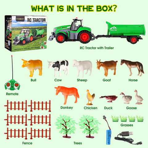 Epic Remote Control Tractor Toy Set With Trailer And Light Up Farm Vehicle Includes 10 Realistic Farm Animals Fences Trees And Grasses For Kids Aged 3 To 7 Birthday Gift components display