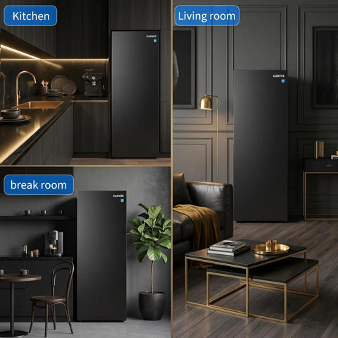 11 Cu Ft Upright Freezer And Stand Up Converter Fridge With Four In One Modes And Frost Free Tech in a kitchen, living room, and break room.
