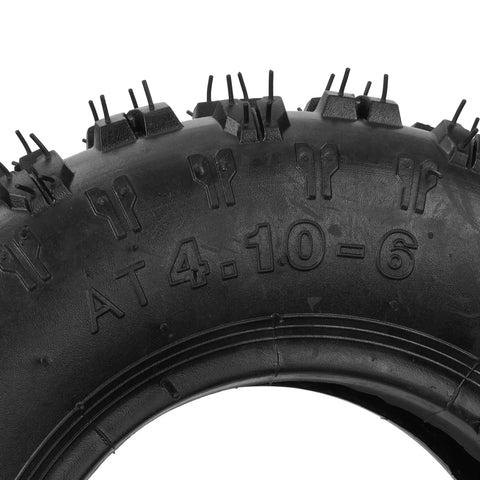 Close-up of 4.10-6 tire tread and marking for 4.10/3.50-6 Inner Tube With TR87 Bent Valve Stem For Go Karts ATVs Lawn Mowers