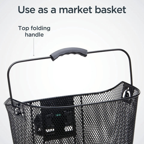 Top view of Quick Release Wire Bike Basket For Adults Black Weather Resistant with folding handle and mounting hardware.