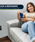 Woman charging phone with Two USB Wall Outlet Charger With Dual USB Ports 5V 3.6A 15A Duplex Tamper Resistant Receptacle