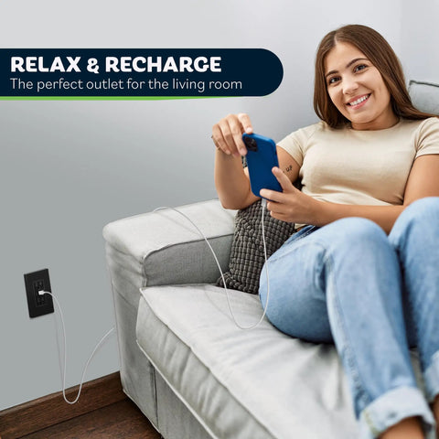 Woman charging phone with Two USB Wall Outlet Charger With Dual USB Ports 5V 3.6A 15A Duplex Tamper Resistant Receptacle