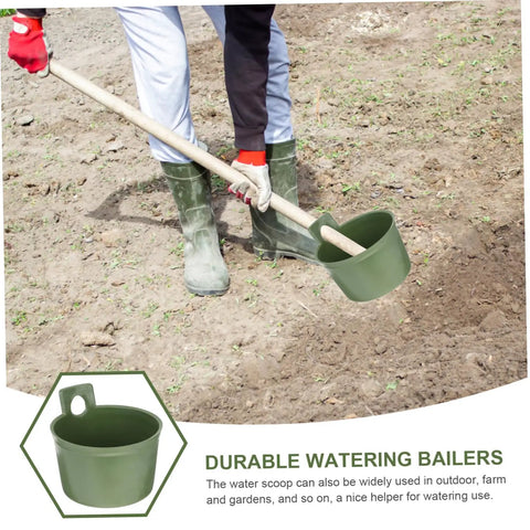 Ergonomic Garden Water Scoops Two Pack For Easy Plant Care, Multi Purpose Water Ladles For Efficient Watering And Fertilizing, Durable Plastic Tools For Home Yard Maintenance, Quick Reach For Pots, Beds, And Raised Planters. Green plastic watering scoop in use on garden soil