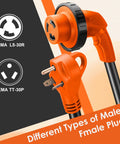 30 Amp RV Extension Cord 25 Ft With Locking TT-30P To L5-30R Connector, Heavy Duty 10/3 Gauge Copper, Weather Resistant STW Insulated, Perfect For Campgrounds, Generators, And Park Power Access. NEMA TT-30P to L5-30R plugs shown