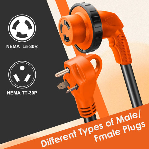 30 Amp RV Extension Cord 25 Ft With Locking TT-30P To L5-30R Connector, Heavy Duty 10/3 Gauge Copper, Weather Resistant STW Insulated, Perfect For Campgrounds, Generators, And Park Power Access. NEMA TT-30P to L5-30R plugs shown