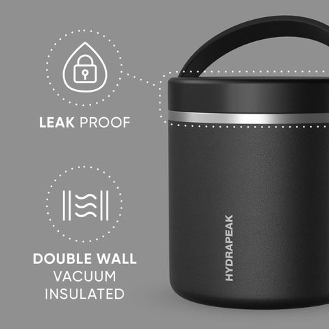 Slick Rugged Badass 25 Oz Double Wall Vacuum Insulated Food Storage Jar With Wide Mouth Leak Proof Lid Keeps Your Grub Scalding Hot Ten Hours Or Ice Cold Sixteen Hours Matte Black showing leak proof design and double wall insulation.