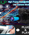 USB Camera With 2.9mm Wide Angle Fisheye Lens 1080P Webcam, Ultra Smooth 60FPS At 1080P displayed with graphics and plug illustration