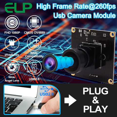 USB Camera With 2.9mm Wide Angle Fisheye Lens 1080P Webcam, Ultra Smooth 60FPS At 1080P displayed with graphics and plug illustration