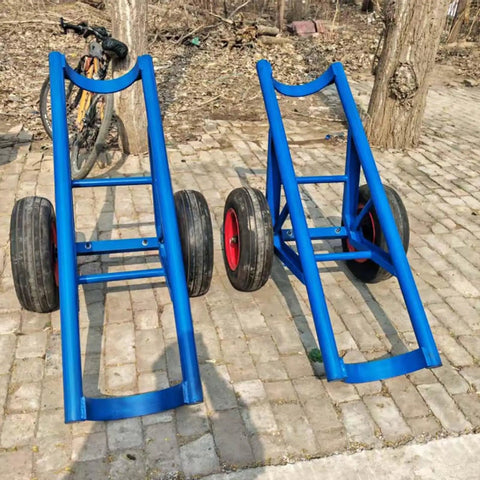 Beast Mode Heavy Duty Utility Pole Dolly With 2 Wheels For Concrete Power Poles And Site Transport Cart, Sturdy Welded Steel Frame, Thick Pneumatic Tires, Portable Hand Cart For Quick, Easy Pole Handling On The Job. blue welded steel pole dolly with two wheels on a paved site