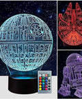 Lit 3 Pattern 16 Colors 3D Night Light Illusion Lamp with Star Wars Death Star, Falcon, R2-D2 acrylic plates, LED lights.