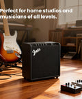 Mustang LT25 Guitar Combo Amp Bundle with Cable and Austin Bazaar Exclusive 12 Pack Picks, shown in a home studio setting.