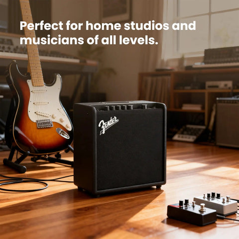 Mustang LT25 Guitar Combo Amp Bundle with Cable and Austin Bazaar Exclusive 12 Pack Picks, shown in a home studio setting.