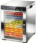 Rock Solid Commercial Food Dehydrator With 12 Stainless Steel Trays containing colorful fruits on trays, clear glass door, digital controls.