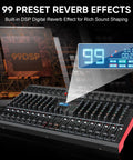 16 Channel Pro Audio Mixer For Live Sound And Studio DJ Performances With Bluetooth USB Recording 99 DSP Effects 48V Phantom Power Built In Reverb MP3 Player And Easy Karaoke Setup with 99 preset reverb effects shown on display